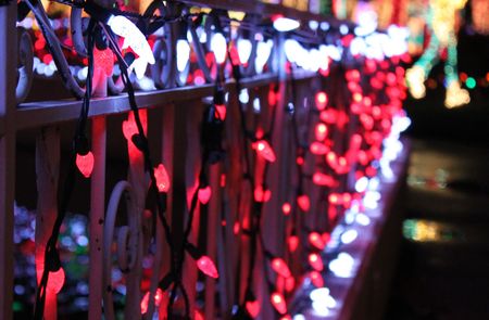 Fence decorated with red Christmas lightsの写真素材