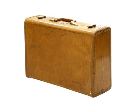 Vintage brown suitcase isolated on whiteの写真素材