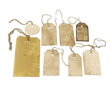 Grungy stained tags isolated on whiteの写真素材