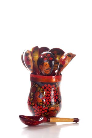 Russian decorated spoons in a jarの写真素材