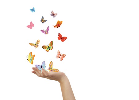 Hand and butterfliesの写真素材