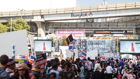 BANGKOK - JANUARY 13 2014  Protesters against the government rally together near MBK  Prathumwan  in...