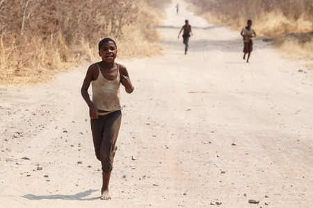 CHOBE, BOTSWANA - OCTOBER 5 2013: Poor African children wander through the desert like Chobe National Park. This year was declared as a drought year by the government in Botswana, Africaのeditorial素材