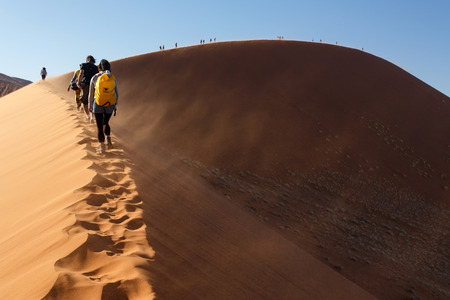 SOSSUSVLEI, NAMIBIA - NOVEMBER 2 2013: Tourists climb Dune No.45 in a year that was declared as a drought year by the government in Namibia, Africaのeditorial素材