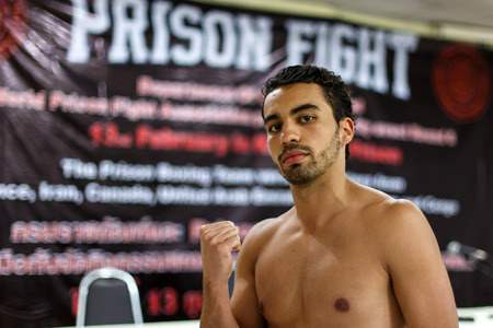 THAILAND - FEBUARY 12 2014: Mohammed Bouazza takes part in press conference for the upcoming Prison Fight round 6 competition in Khlong Phai Prison, Thailandのeditorial素材