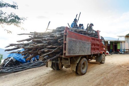 FALAM, MYANMAR - JUNE 22 2015: Forestry truck on dirt road in the recently opened to foreigners area of Chin State - western Myanmar (Burma)のeditorial素材