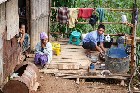CHIN STATE, MYANMAR - JUNE 18 2015: Shanty town hut in the recently opened for tourists Chin State Mountainous Region, Myanmar (Burma)のeditorial素材