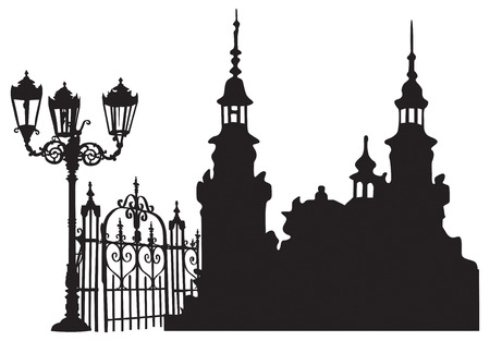 Old European town with lanterns and iron gatesのイラスト素材