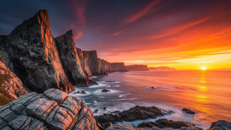 The image features a breathtaking coastal sunset landscape with rugged cliffs and calm ocean waters. The cliffs are jagged and dark, contrasting with the vibrant hues of the setting sun. The sky is painted with shades of orange, red, and purple. The image is a high-quality PNG on a transparent background, suitable for graphic design, advertising, web design, packaging, UI, mockups, presentations, social media, and print materials.の素材