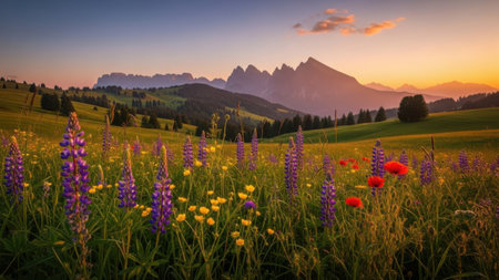 The image showcases a serene mountain landscape with vibrant wildflowers in the foreground. The wildflowers include purple lupines, yellow daisies, and red poppies, adding a burst of color to the scene. The mountains in the background are majestic, with a soft, warm glow from the setting sun. The image is a high-resolution JPG on a white background. This image is ideal for graphic design, advertising, web design, packaging, UI, mockups, presentations, social media, and print materials.の素材