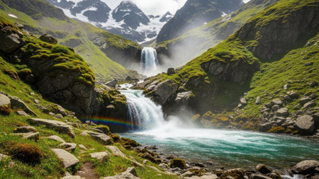 The image features a picturesque waterfall cascading down a rocky mountain surrounded by lush green vegetation. The waterfall is set against a backdrop of misty mountains, creating a serene and natural atmosphere. The correct background type detected from the image is transparent, indicating that the image is a high-quality PNG on a transparent background. This image is suitable for graphic design, advertising, web design, packaging, UI, mockups, presentations, social media, and print materials.の素材