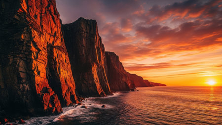The image features a stunning sunset over rugged ocean cliffs. The cliffs are dark and jagged, contrasting with the vibrant orange and yellow hues of the setting sun. The ocean waves gently lap against the base of the cliffs. This high-quality PNG image has a transparent background, making it ideal for graphic design, advertising, web design, packaging, UI, mockups, presentations, social media, and print materials.の素材