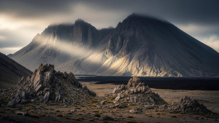 The image features a stunning mountain landscape with two prominent, jagged peaks partially shrouded in mist. The foreground includes rugged, rocky terrain. The background is a solid white, indicating a high-resolution JPG on a white background. This image is ideal for graphic design, advertising, web design, packaging, UI, mockups, presentations, social media, and print materials.の素材