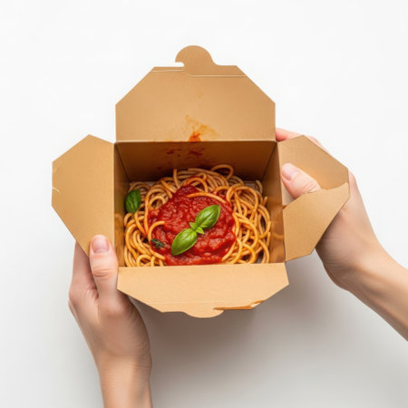 A pair of hands holding an open cardboard box filled with spaghetti topped with tomato sauce and fresh basil leaves.の素材