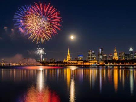 Fireworks over cityscape at night isolated on transparent backgroundの素材