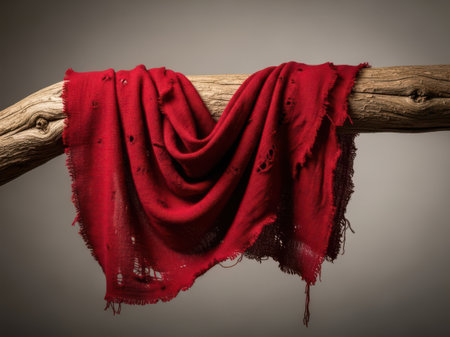 Red fabric drape on wooden branch isolated on transparent backgroundの素材
