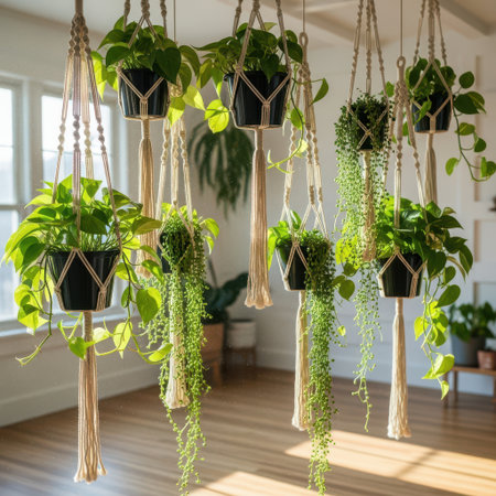 Hanging plants in macrame holdersの素材