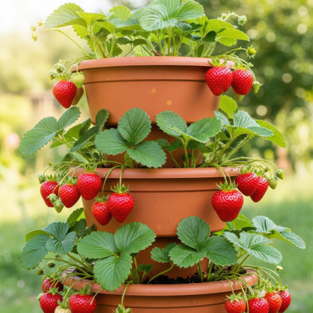 Strawberry plants in tiered potsの素材