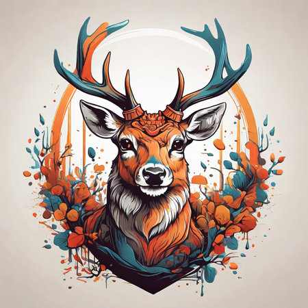 Vector illustration of Deer head with antlers and flowers. Wild animal.の素材