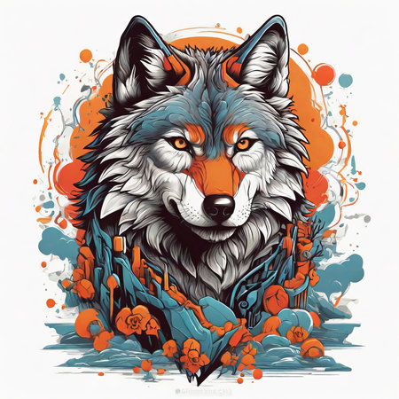 Wolf head in grunge style with floral elements. Vector illustration.の素材