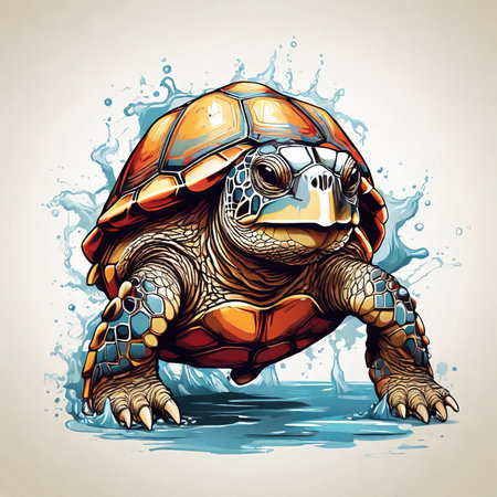 Turtle in water with splashes of water. Vector illustration.の素材