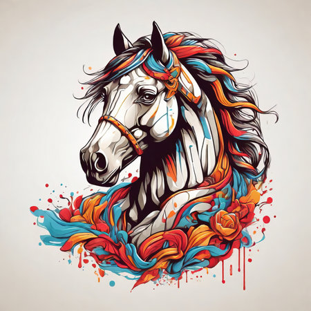 Horse head with colorful splashes and blots. Vector illustration.の素材