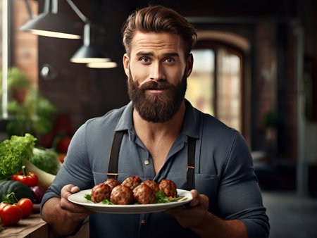Handsome bearded man holding plate with meatballs and vegetables.の素材