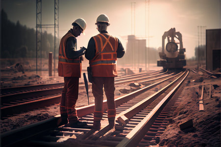 Engineers technician team checkup and analyzing an unfinished on railway station construction project with software and blueprint, Design and plan construction, Teamwork.の素材