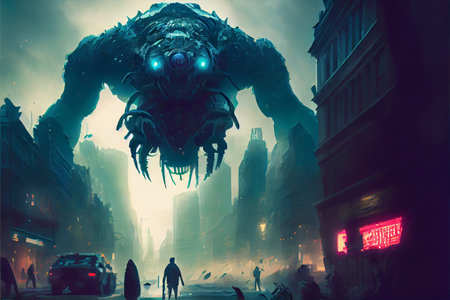 giant monster invading night city. science fiction. Futuristic scene. sci-fi scene of the creature machine invading city. High quality ai generated illustration.の素材