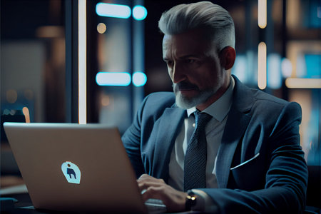 Mature age male businessman in office working with laptop computer. Mature age, middle age, mid adult man in 50s with happy confident smile. High quality illustrationの素材