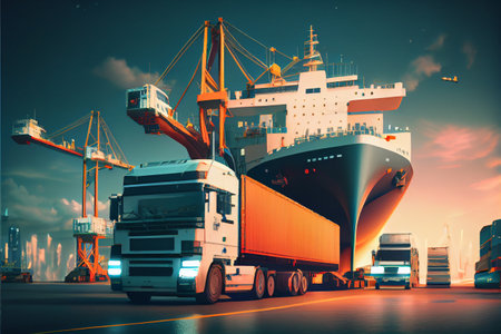 Transportation and logistic network distribution ai digital future network of cargo containers logistics transport import export concept, Container freight truck on highway and world map at modern futuristic city background. AI generated illustration.の素材