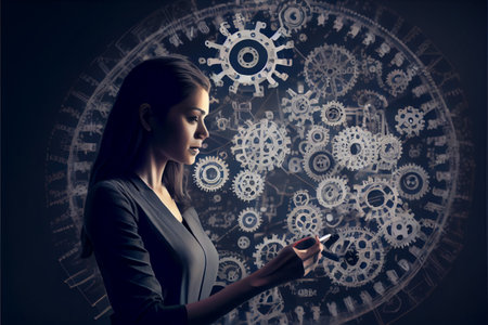 Young businesswoman reaching hand to touch gears mechanism. High quality illustrationの素材
