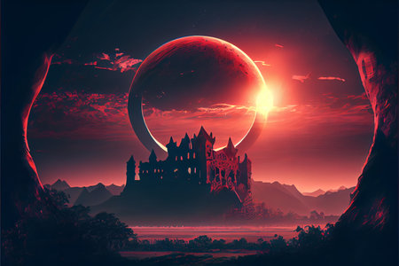 red sky and old castle with towers on the hills. Landscape of mountains and forest. nature and ancient architecture. scenery of castle of thorn with solar eclipse in dark red sky, digital art style, illustration painting. High quality illustrationの素材