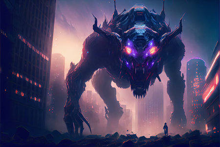 giant monster invading night city. science fiction. Futuristic scene. sci-fi scene of the creature machine invading city. High quality illustrationの素材