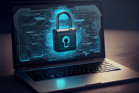 Closed Padlock on digital. Cyber security, information privacy and data protection concept on server room background. Cyber network concept, holding global network security. Safety. High quality illustrationの素材