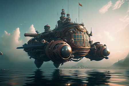 Sci-fi flying machine dropship aircraft in the air. Cyberpunk aircraft. High quality illustrationの素材