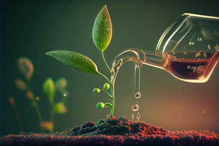 Plant maintenance and water the seedlings that grow in order of germination on fertile soils, concept of water and water the plants. Farmer's hand watering a young plant. Ai generated illustration.の素材