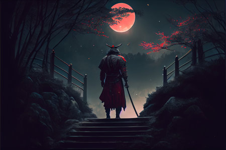 The terrifying ronin stands in the forest at night. Black silhouette of a Japanese warrior samurai against the night forest. High quality ai generated illustration.の素材