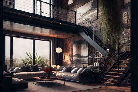 Modern penthouse interior with large windows and brick walls. Modern loft interior. Modern penthouse living room with high ceiling, sofa, empty brown brick wall, concrete floor, wooden cabinet, design accessories in the steel stack, dining table with chairs Ai generated illustrationの素材