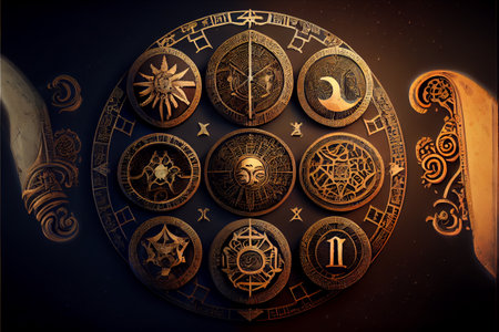 Astrological signs on the antique clock Torre dell'Orologio, Medieval wheel of the zodiac and constellations. Golden symbols on a star circle. Astrology concept, horoscope and time. Ai generated illustration.の素材