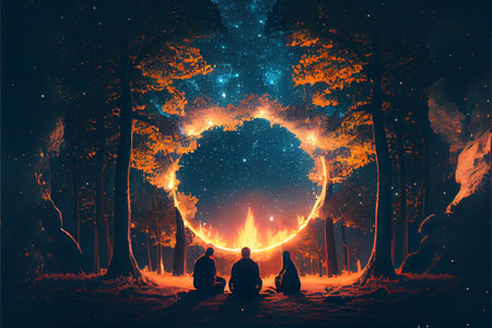 People at spiritual gathering of shamanic sacred ritual healing energy in forest at night. Diverse people enjoy spiritual gathering. People stay around the campfire. People stay around the fire at night. group of monks near the fire in the mountains at dusk, top view. High quality ai generated illustration.の素材