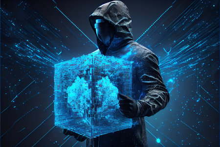 Anonymous computer hacker over abstract digital background. Obscured dark face in mask and hood. Data thief, internet attack, darknet fraud, dangerous viruses and cyber security. Ai generated illustration.の素材