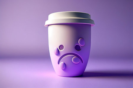 morning coffee cup with sad smile on lilac background. Unhappy Coffee. High quality photo, Ai generated illustration.の素材