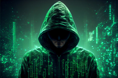 Anonymous hacker with green color hoodie in shadow under deep black-green background. Dangerous criminal concept image. Hacker in hoodie and digital green background. Ai generated illustration.の素材