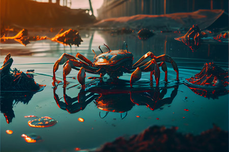 Water pollution with shell and sea crab dead on the beach sand. Pollution nature water oil crab. High quality illustration.の素材
