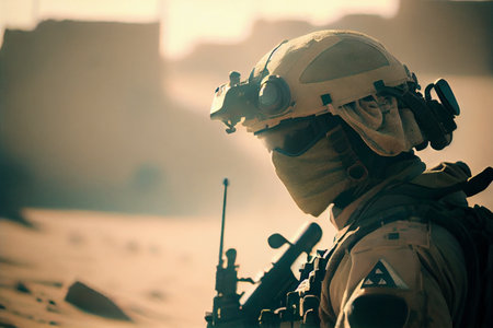 Tactical Soldier with weapon in desert. Soldier in squad desert camouflage with gun in desert. High quality ai generated illustration.の素材