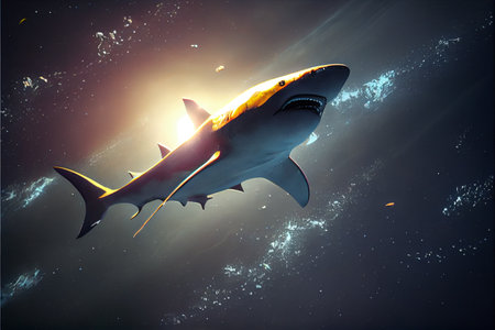 Space Giant Shark swims in space cinematic style. High quality ai generated illustrationの素材