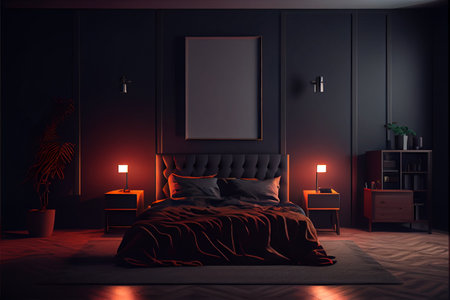 Modern bedroom interior with empty black wall 3d rendering image.There are minimalist style decorate room with black furniture,floor,wall. High quality illustrationの素材