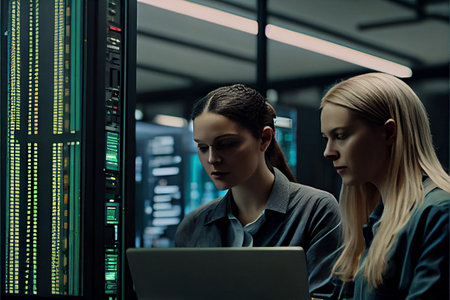 Two Female IT Programers Working on Desktop Computer in Data Center System Control Room. Team of Young Professionals In Software and Hardware Development, Doing Coding. High quality illustrationの素材