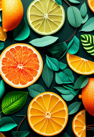 fruit lime, lemon, and grapefruit with vitamin C chopped. Summer fruits lay flat backgroundの素材